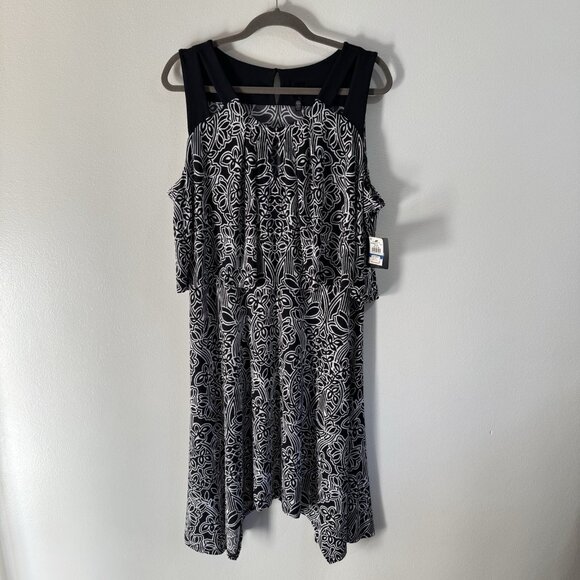 NWT Rafaella Dress XLP Petite Black White Floral Strappy Stretch Jersey Swing - Picture 1 of 10
